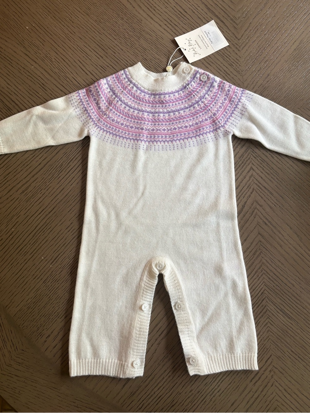 Rachel Riley White Knit One-Piece with Pink & Purple Yoke - Picture 2 of 4
